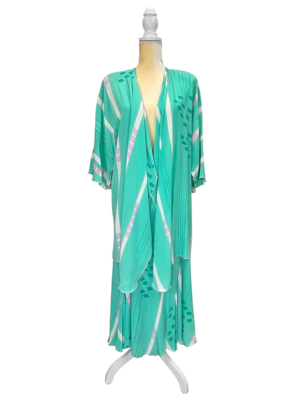 Vintage Yolanda Lorente Handpainted Silk Skirt Set Size Medium Green Pink White